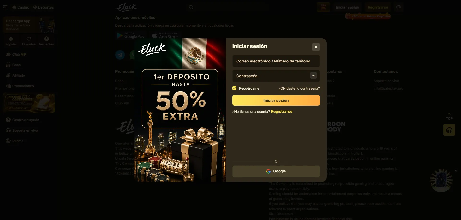 Inicio de sesión en Eluck Casino desde navegador móvil