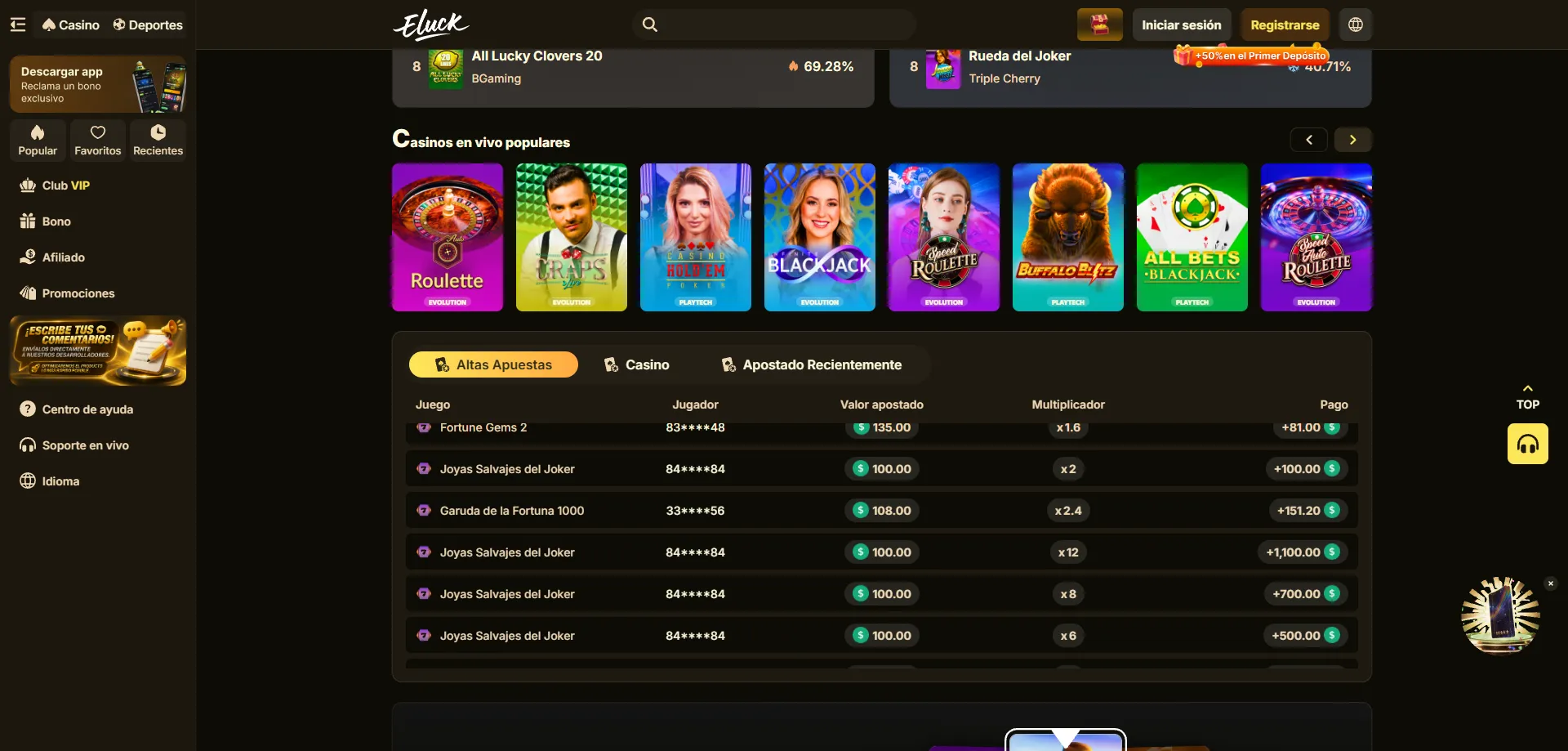 Eluck Casino sala de casino en vivo con crupieres reales y mesas HD